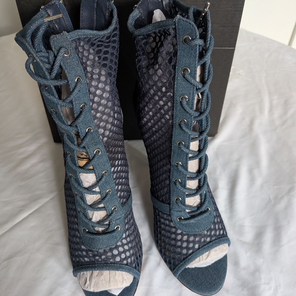 Lace-Up Peep Toe Women's Booties in Navy Blue